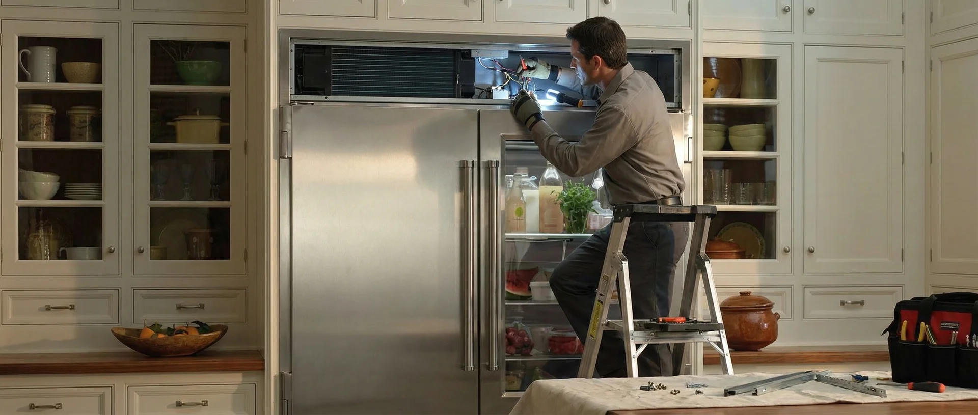 Technician repairing Sub-Zero refrigerator in Jacksonville home